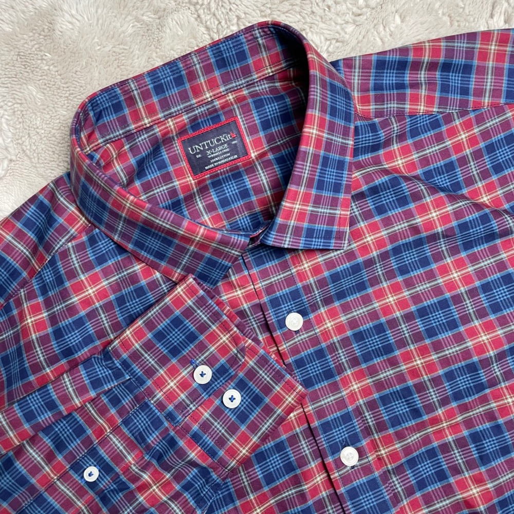 UNTUCKit Mens XL Long Sleeve Plaid Button Down Shirt Red Blue Wrinkle Free